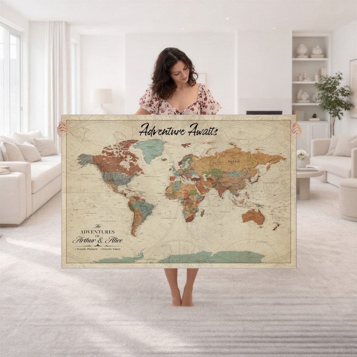Custom Beige Push Pin World Map Canvas Print, Next Trip Planner Map, Family Room and Study Decor