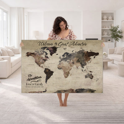 Custom Beige Modern Push Pin World Map Wall Art, Honeymoon and Anniversary Gift, Dining Room and Study Decor