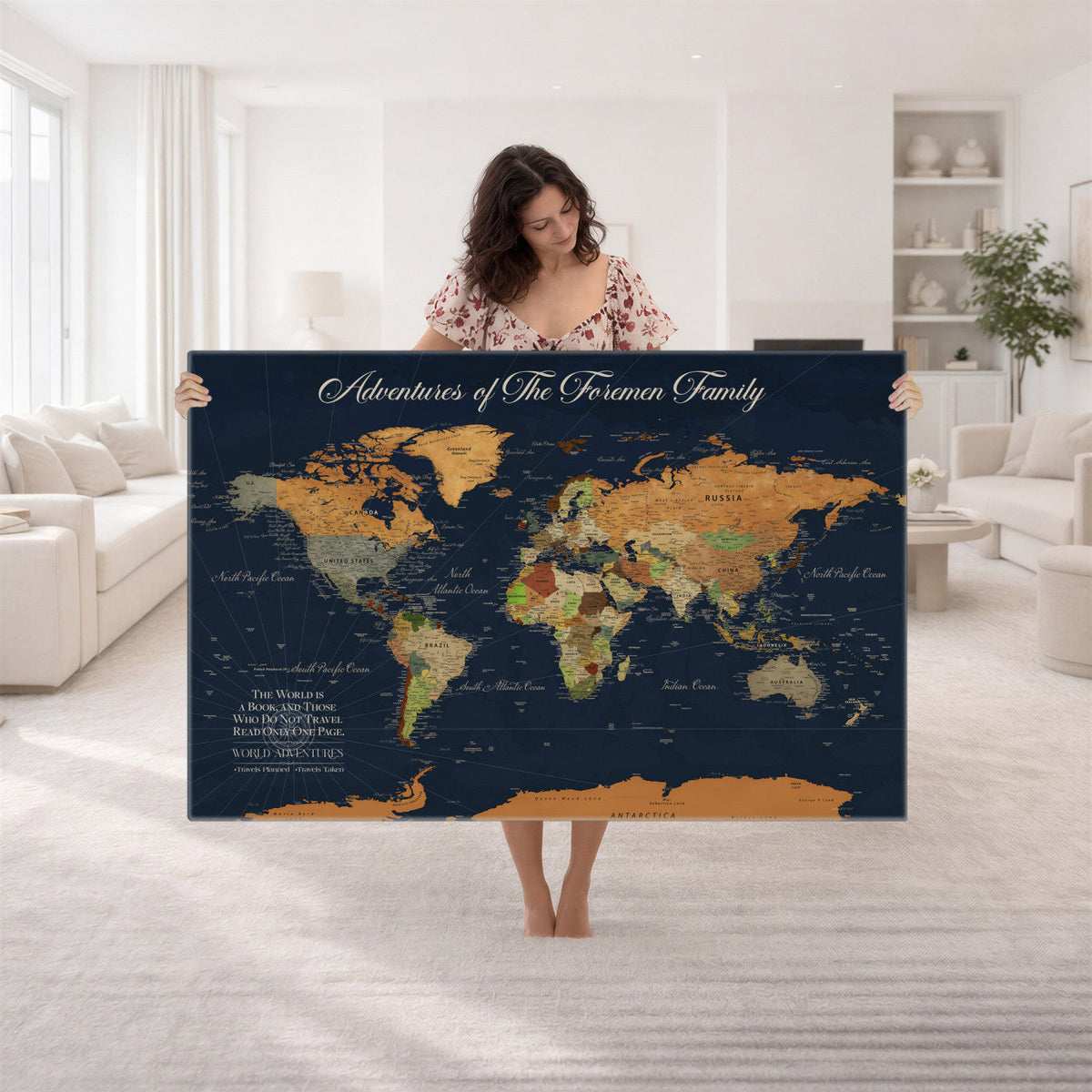 84352304-MGV-CV-36X24 - Custom Push Pin Travel Map Canvas Print, Honeymoon and Anniversary Gift, Living Room and Dining Room Decor
