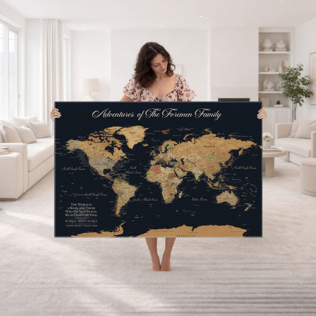 Personalized Beige Modern Family Adventure Push Pin World Map Canvas, Places Visited Tracker, Family Room and Home Office Decor