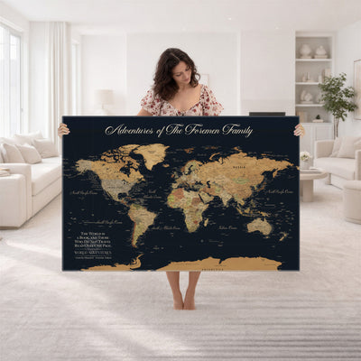 Personalized White Minimalist World Travel Map Wall Art with Pins, Places Visited Tracker, Entryway and Hallway Decor
