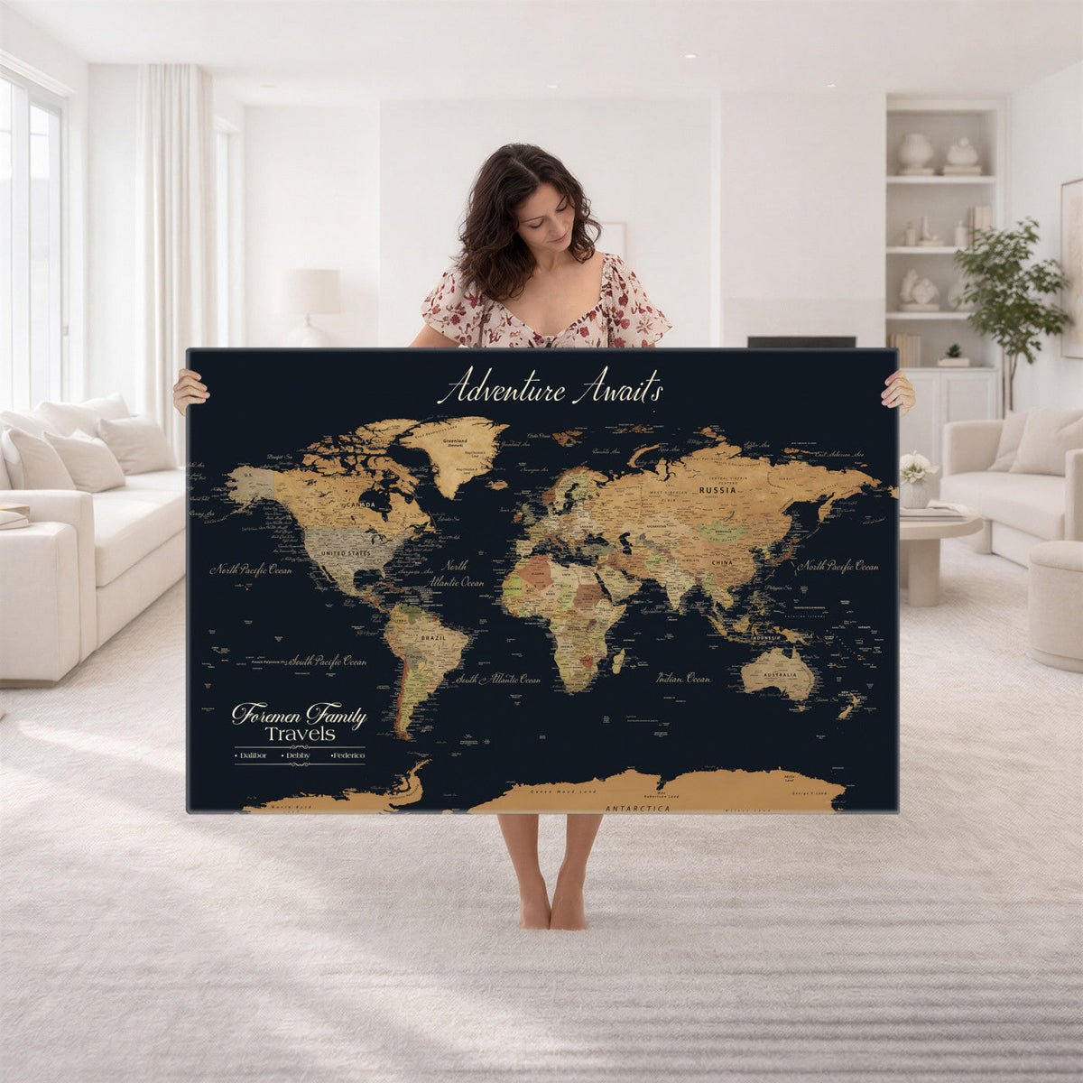 Personalized Framed Beige Geometric Family Push Pin World Map Canvas Print, Next Trip Planner Map, Family Room and Entryway Decor