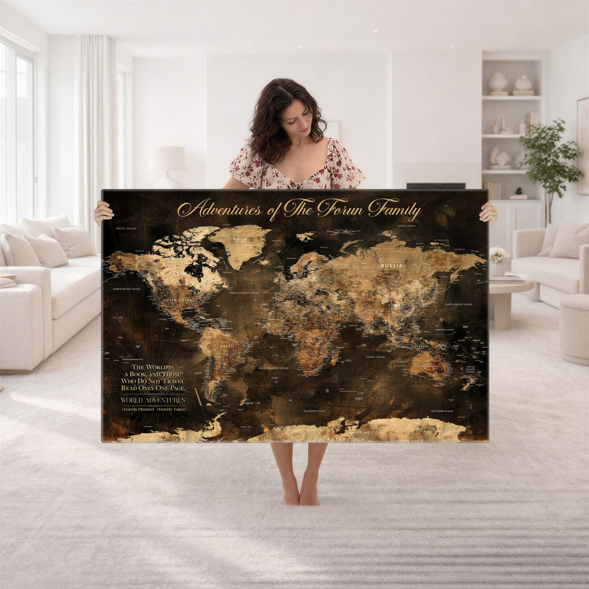 20594960-MGV-CV-36X24 - Custom Push Pin World Map Wall Art Canvas Print | Personalized Travel Tracker with Pins Framed Large for Home and Office Decor
