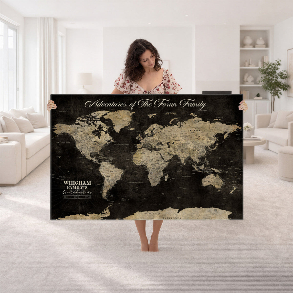 Personalized Framed Black Modern World Map Canvas with Push Pins, Next Trip Planner Map, Dining Room and Home Office Decor