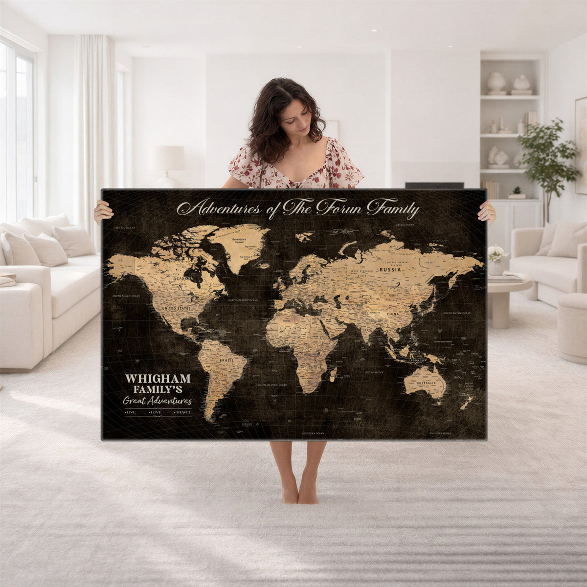 Personalized Framed Beige Geometric Push Pin Travel Map Canvas Print, Honeymoon and Anniversary Gift, Dining Room and Hallway Decor