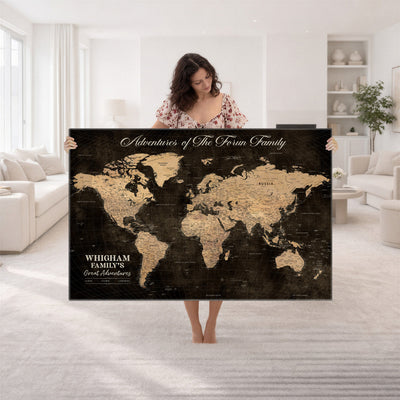 Personalized Framed Beige Geometric Push Pin Travel Map Canvas Print, Honeymoon and Anniversary Gift, Dining Room and Hallway Decor