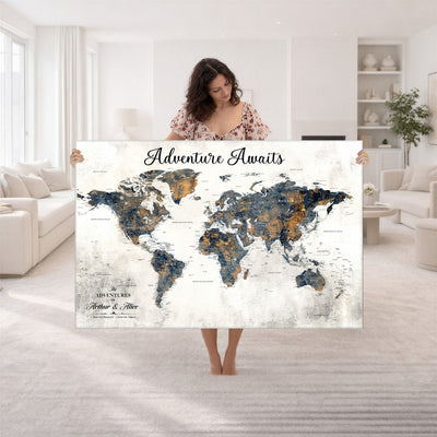 Custom Framed Beige Geometric World Travel Map Wall Art with Pins, Places Visited Tracker, Family Room and Home Office Decor
