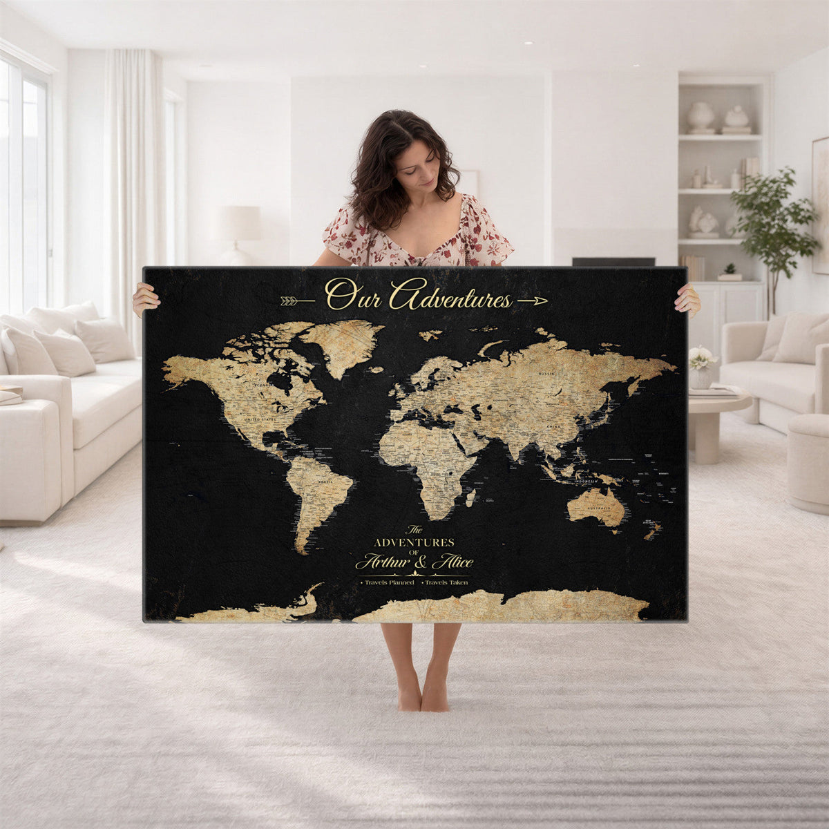 Personalized Framed Beige Push Pin World Map Canvas Print, Family Travel Tracker, Bedroom and Home Office Decor