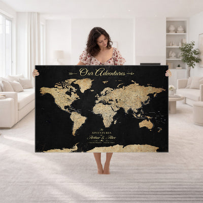 Personalized Framed Beige Push Pin World Map Canvas Print, Family Travel Tracker, Bedroom and Home Office Decor