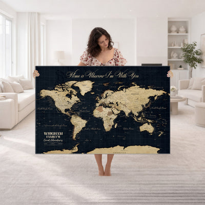 Personalized Framed Beige Geometric Push Pin World Map Wall Art, Couples Countries Visited Map, Bedroom and Hallway Decor