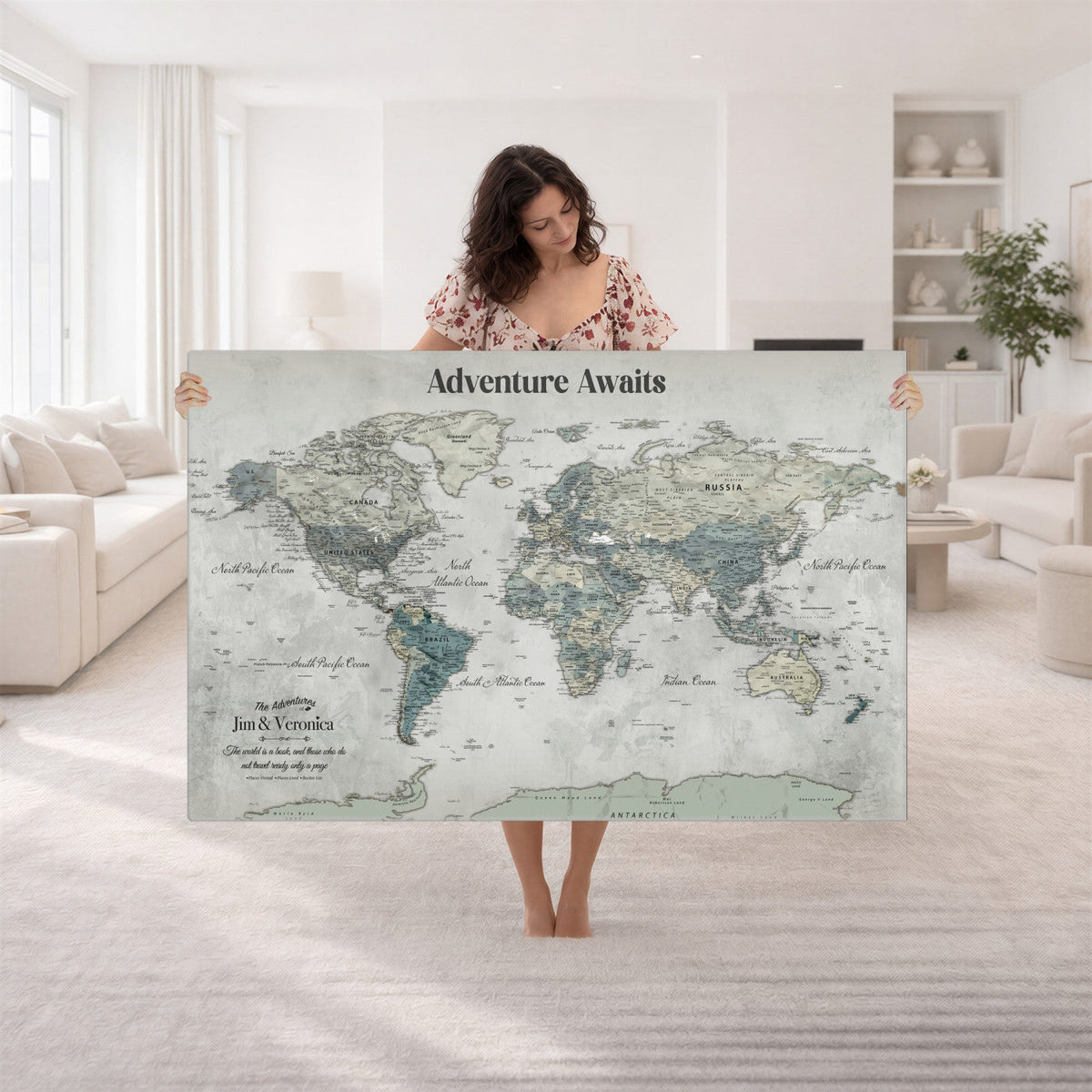Personalized Framed Beige World Map Canvas with Push Pins, Places Visited Tracker, Bedroom and Entryway Decor
