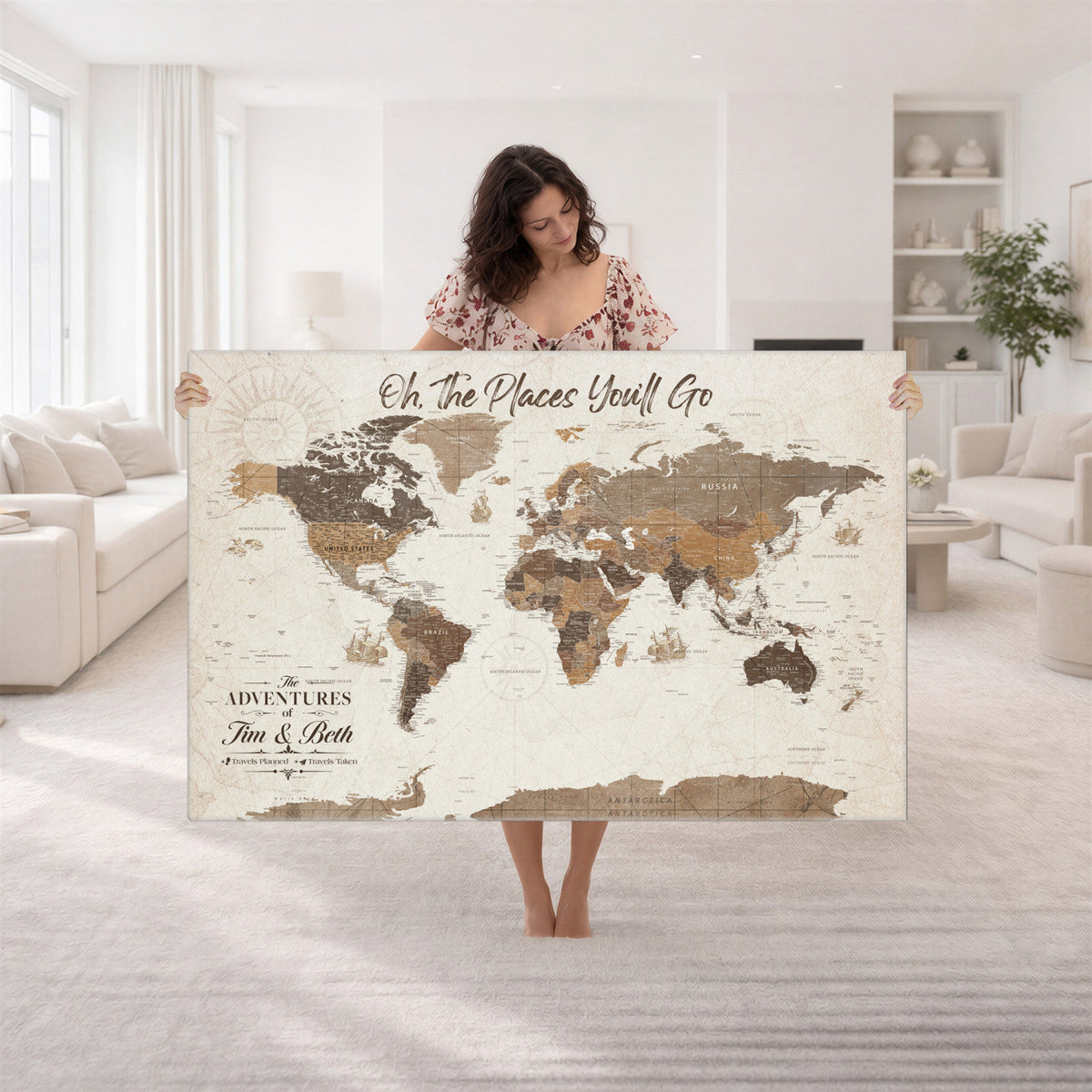 NEWMAP-8-MGV-CV-36X24 - Custom Beige World Travel Map Wall Art with Pins, Couples Countries Visited Map, Living Room and Study Decor
