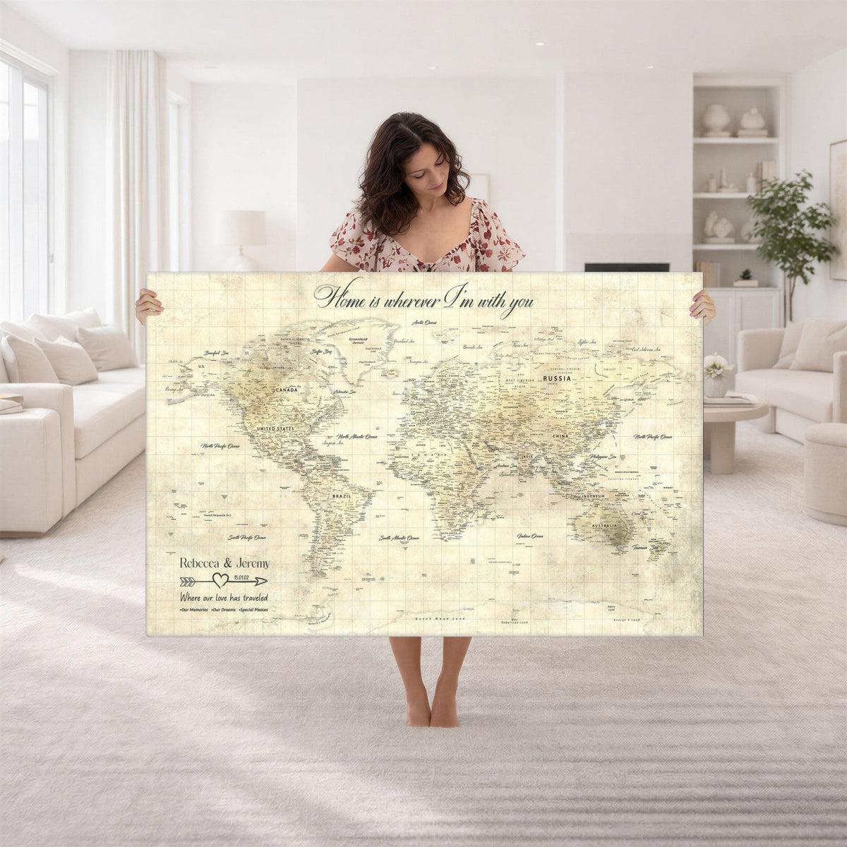 Personalized Beige Modern Push Pin World Map Wall Art, Honeymoon and Anniversary Gift, Bedroom and Study Decor