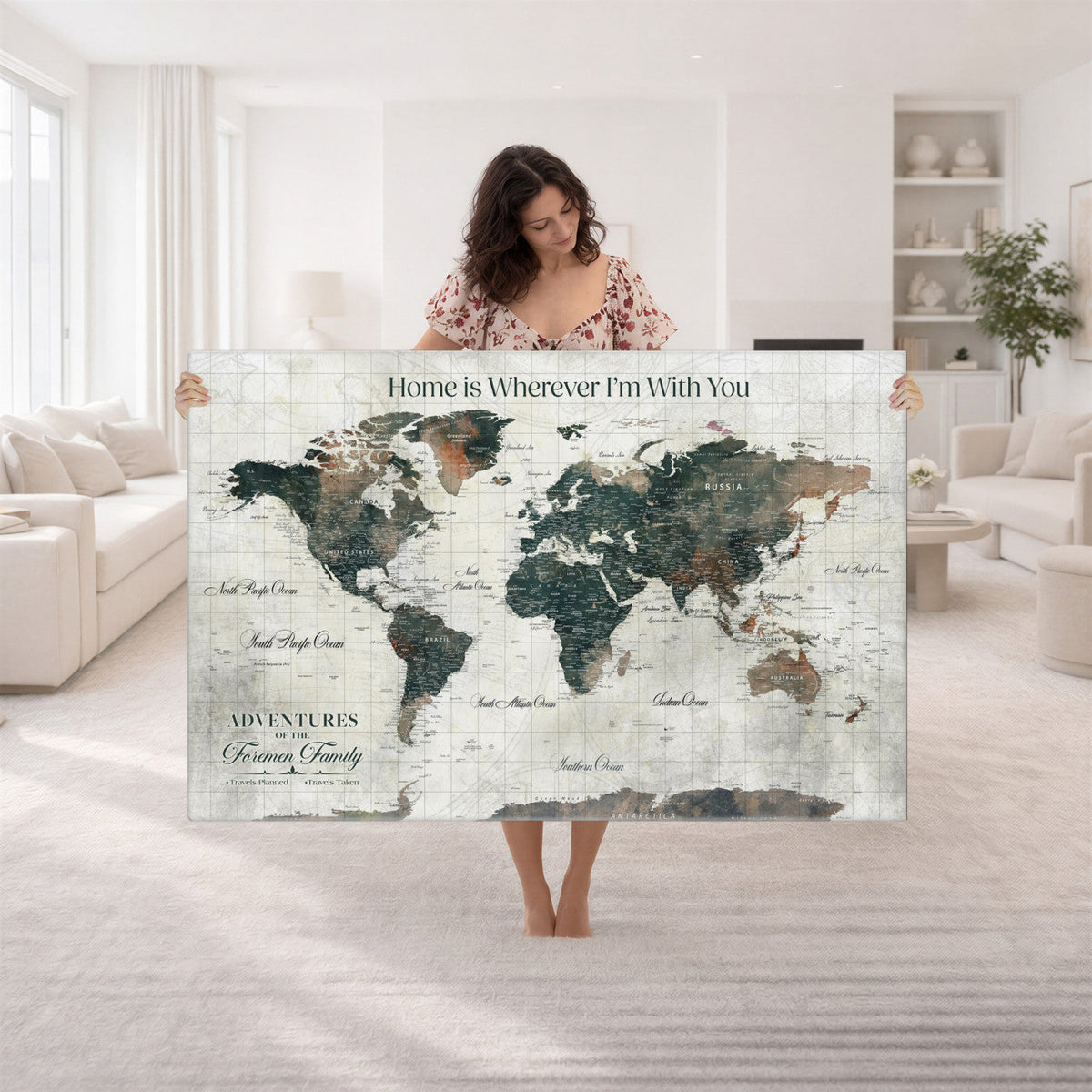 Personalized Beige Modern Push Pin Travel Map Canvas Print, Couples Countries Visited Map, Dining Room and Bedroom Decor