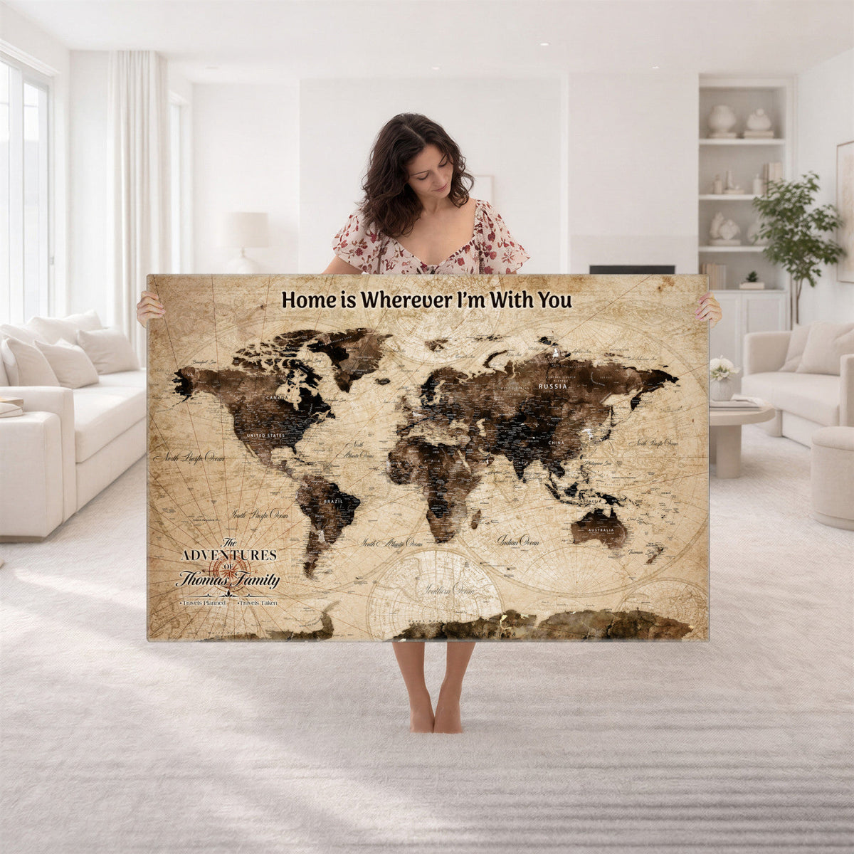 Personalized Framed Beige Modern World Travel Map Wall Art with Pins, Family Adventure Map, Living Room and Hallway Decor