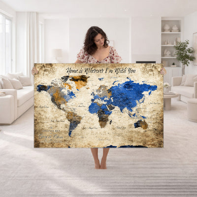 Personalized Framed Beige World Map Canvas with Push Pins, Honeymoon and Anniversary Gift, Living Room and Home Office Decor