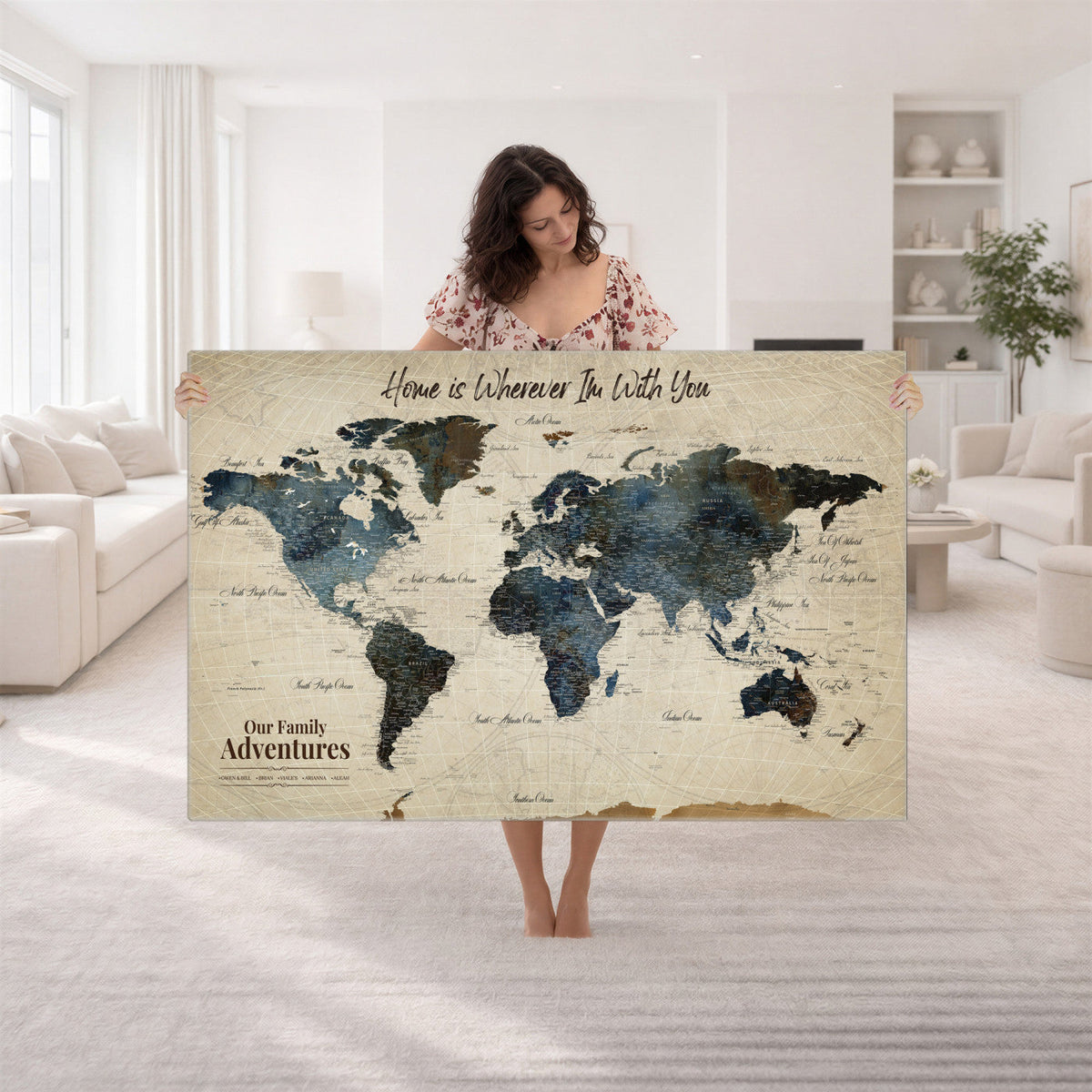 Personalized Framed Black Modern Push Pin Travel Map Canvas Print, Family Travel Tracker, Home Office and Entryway Decor