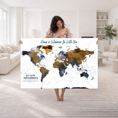 Personalized Framed Beige Modern Push Pin World Map Wall Art, Next Trip Planner Map, Family Room and Home Office Decor