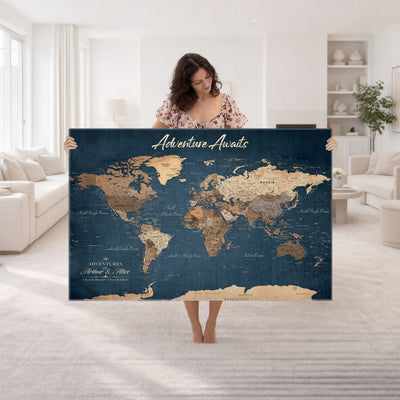 Personalized White Vintage World Travel Map Wall Art with Pins, Next Trip Planner Map, Family Room and Dining Room Decor