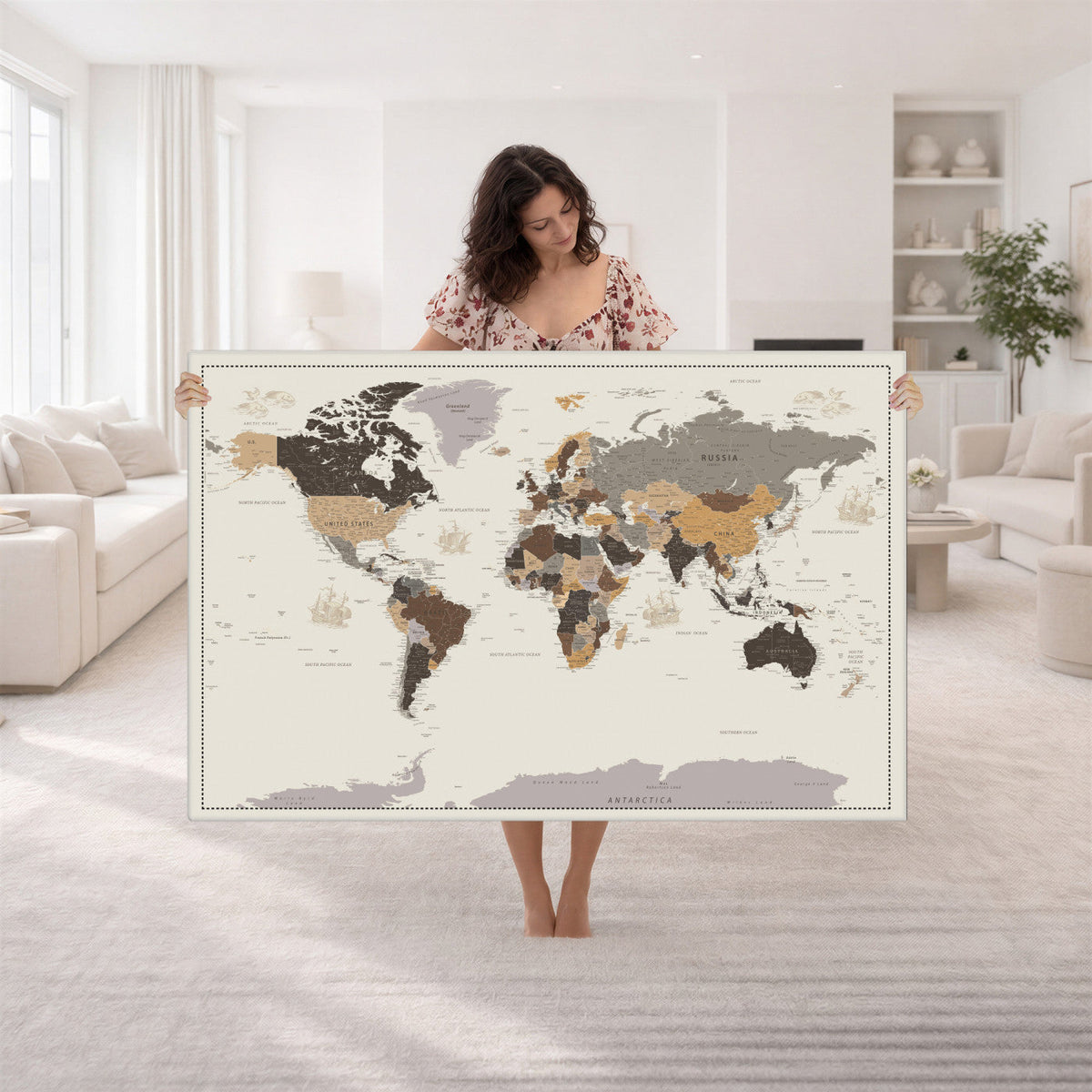 58777746-MGV-CV-36X24 - Custom Beige Modern Push Pin World Map Canvas Print, Places Visited Tracker, Bedroom and Study Decor