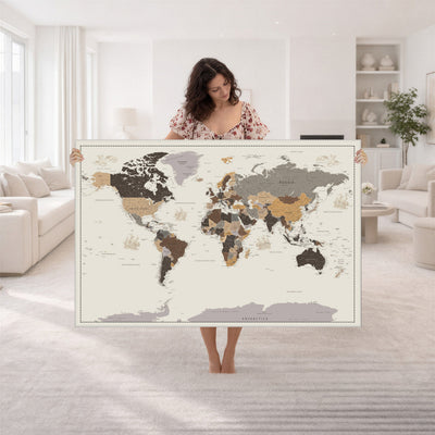 58777746-MGV-CV-36X24 - Custom Beige Modern Push Pin World Map Canvas Print, Places Visited Tracker, Bedroom and Study Decor
