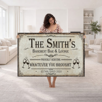 Custom Basement Bar & Lounge Sign Canvas, Personalized Family Name Art