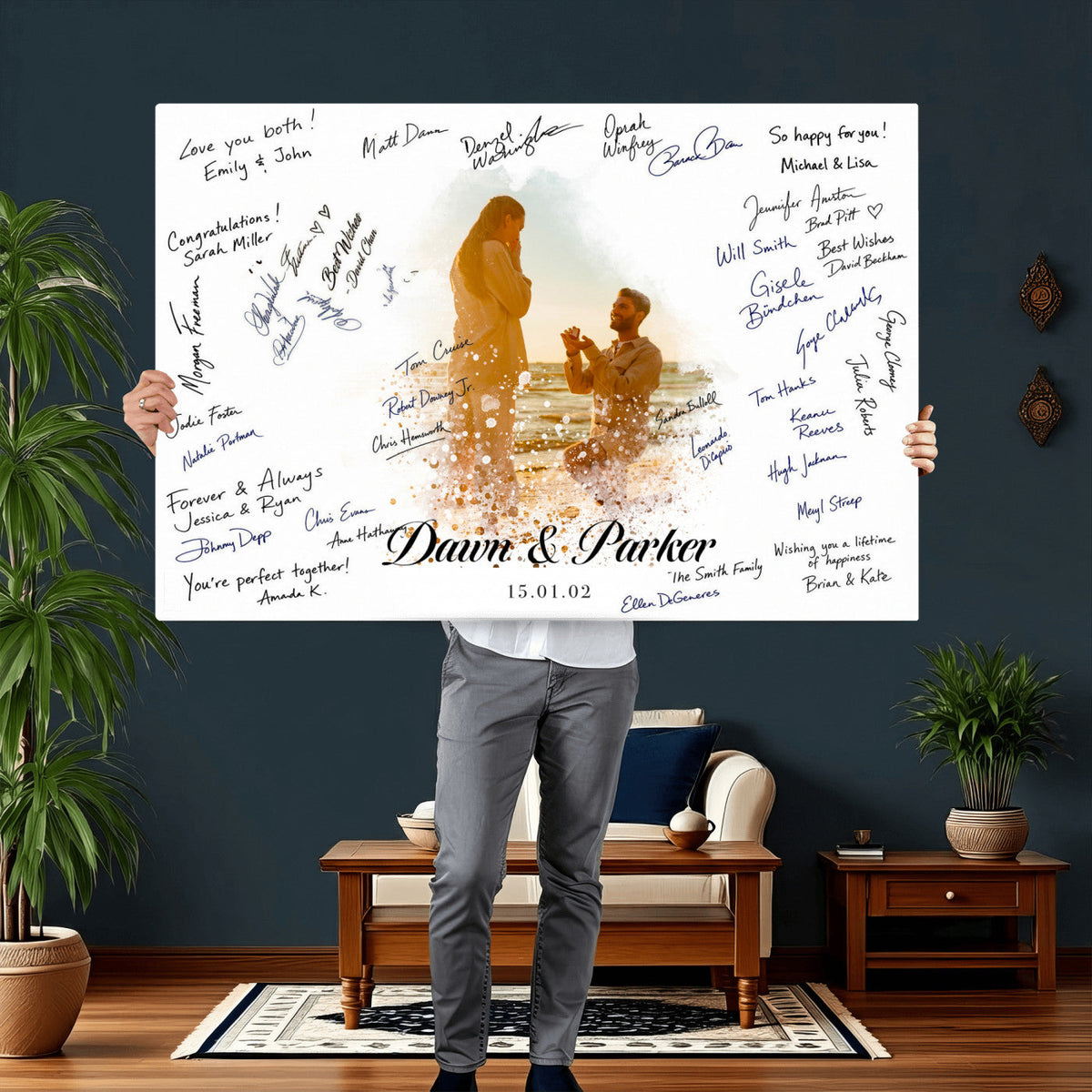 75692697-MGV-CV-36X24 - Wedding Guest Book Alternative Wall Art Canvas Print, Personalized Couple Photo Guestbook Wedding Signature Poster, Custom Couple Photo Guestbook Canvas, Bridal Shower Reception Decor