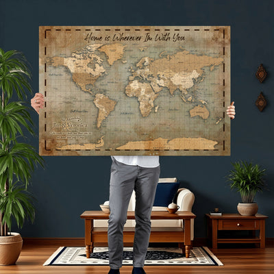 97123877-MGV-CV-36X24 - Vintage Custom Push Pin World Map Print - Vintage Travel Map Canvas, Personalized Names Anniversary Gift, Places Visited Pin Board