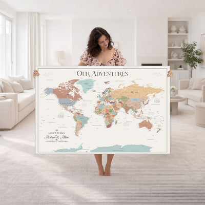 Personalized Framed Navy Push Pin World Map Canvas Print, Next Trip Planner Map, Living Room and Entryway Decor