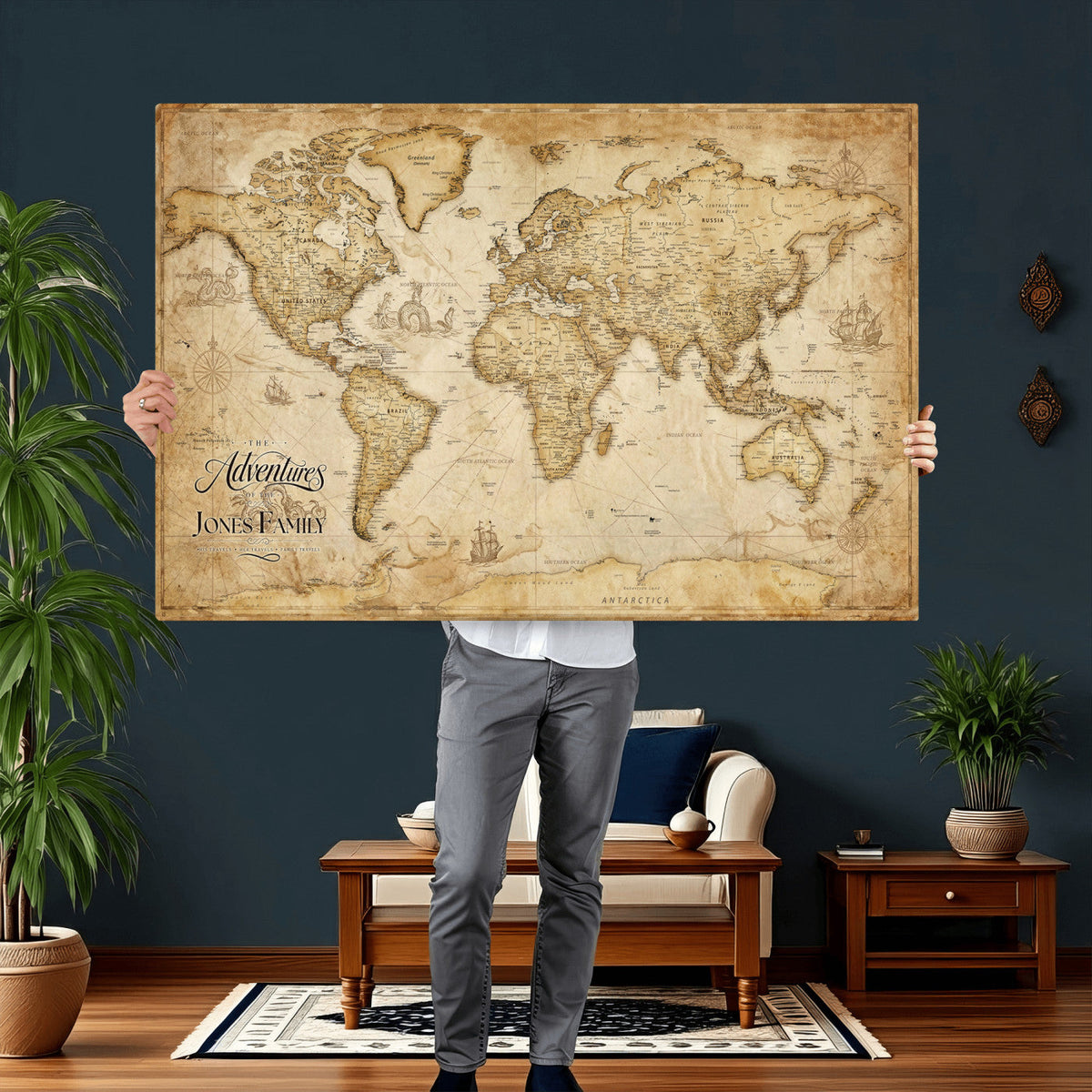 60956619-MGV-CV-36X24 - Custom Push Pin World Map Canvas Print | Personalized Travel Map Wall Art