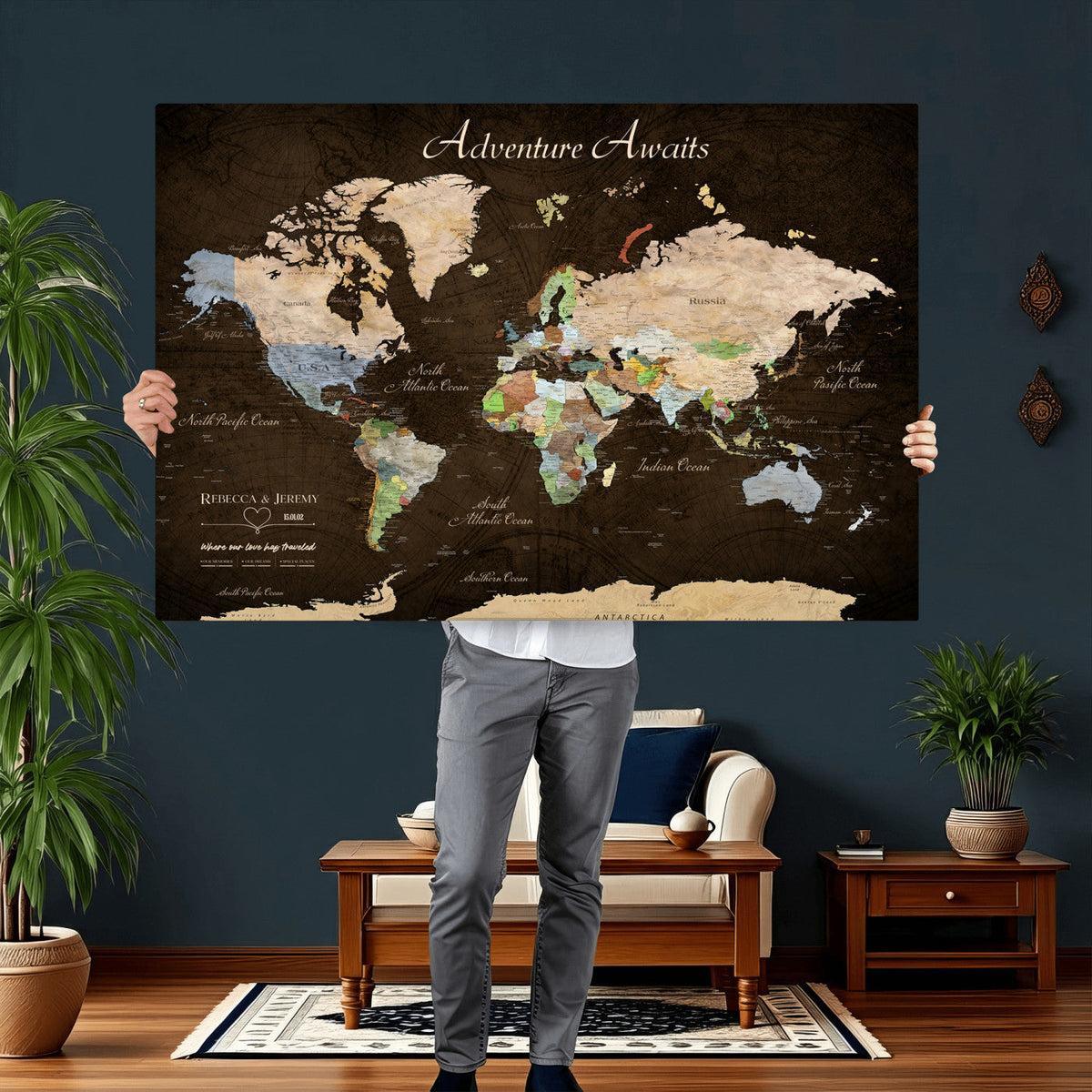 95753799-MGV-CV-36X24 - Custom Push Pin World Map Canvas Print | Personalized Travel Map Wall Art