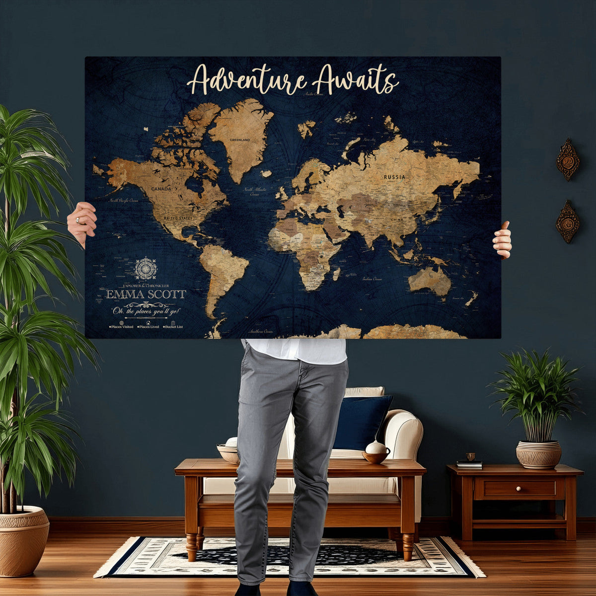 44399597-MGV-CV-36X24 - Custom Push Pin World Map Canvas Print | Personalized Travel Map Wall Art
