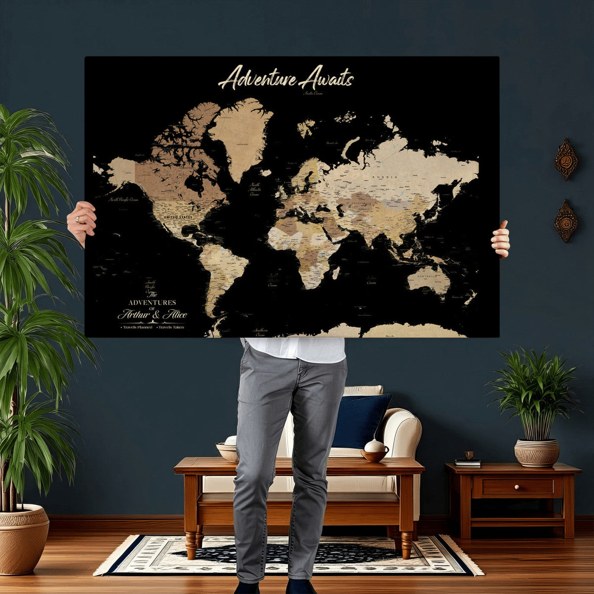 88415067-MGV-CV-36X24 - Custom Push Pin World Map Canvas Print | Personalized Travel Map Wall Art