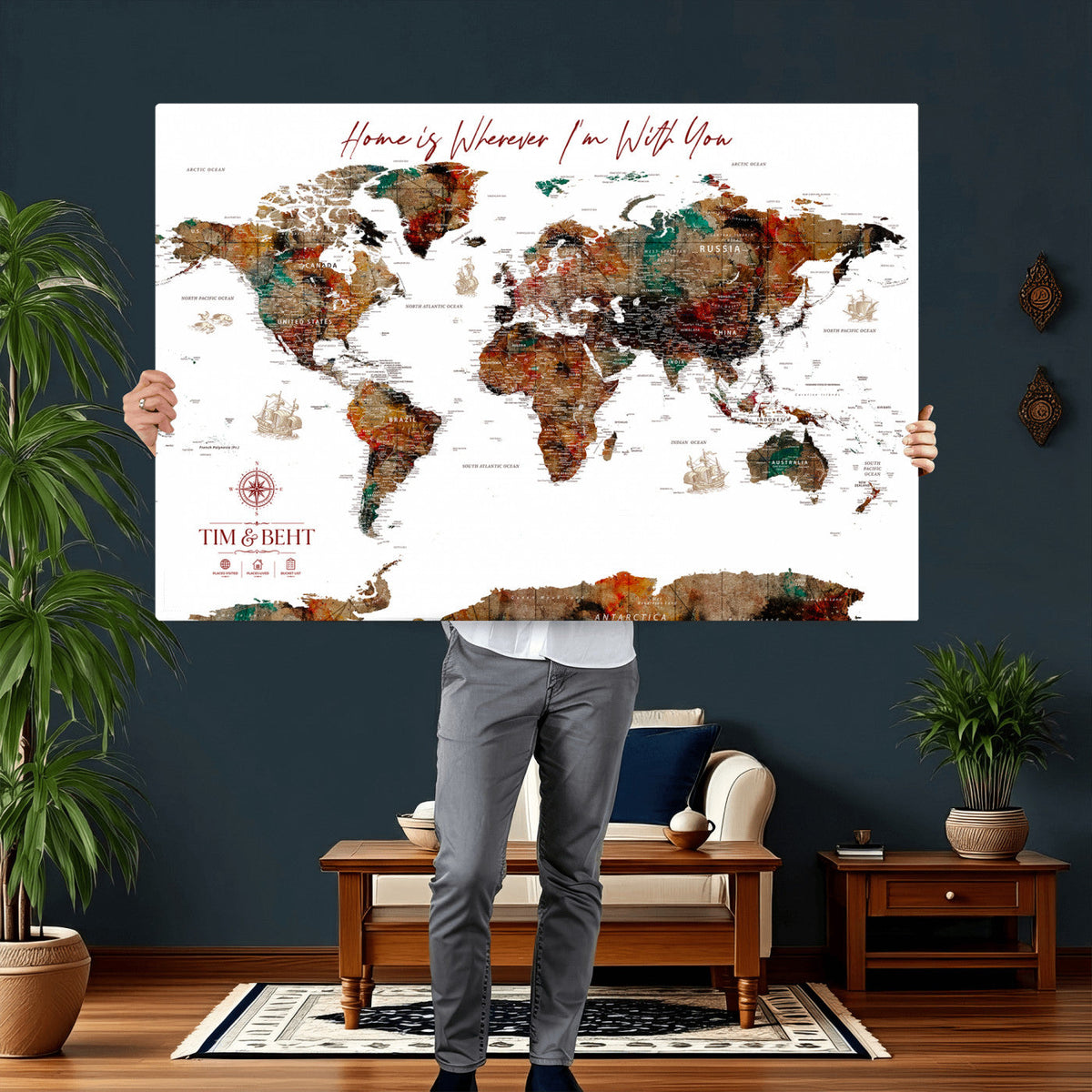 116MESUT-MGV-CV-36X24 - Custom Push Pin World Map Canvas Print | Personalized Travel Map Wall Art