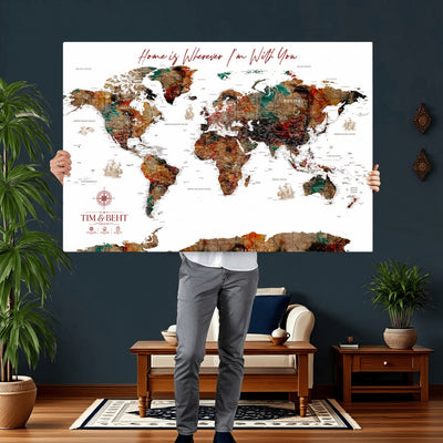 116MESUT-MGV-CV-36X24 - Custom Push Pin World Map Canvas Print | Personalized Travel Map Wall Art