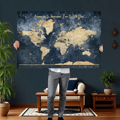 400867BL-MGV-CV-36X24 - Framed Blue Custom Push Pin World Map Canvas Print | Personalized Travel Map Wall Art