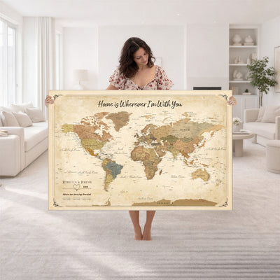 40086165-MGV-TP-30X20 - Framed Vintage Custom Push Pin World Map Canvas Print | Personalized Travel Map Wall Art