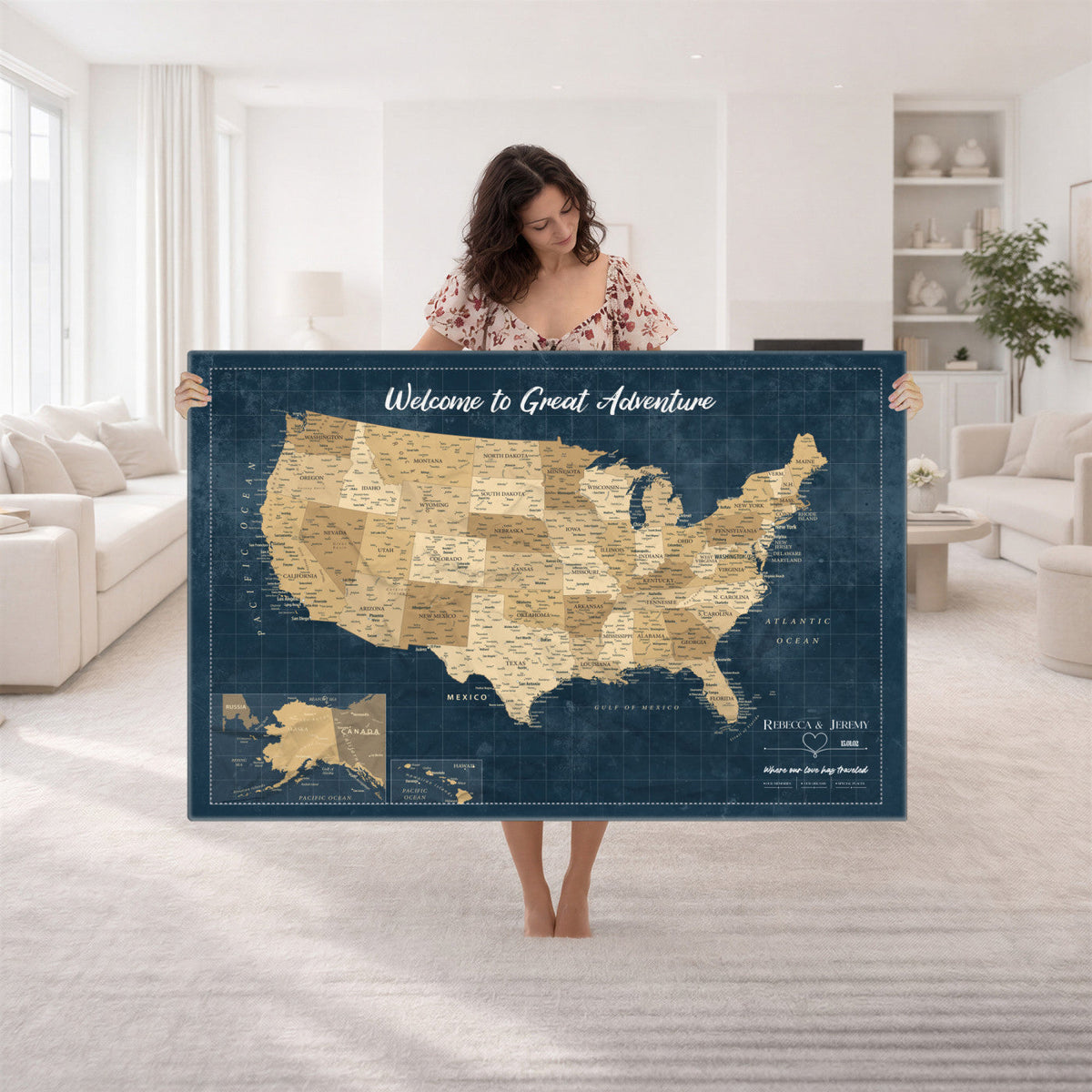 58851035-MGV-CV-36X24 - Custom Cream Push Pin USA Map Canvas Print, 50 State Bucket List Map, Family Room and Hallway Decor