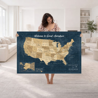 58851035-MGV-CV-36X24 - Custom Cream Push Pin USA Map Canvas Print, 50 State Bucket List Map, Family Room and Hallway Decor