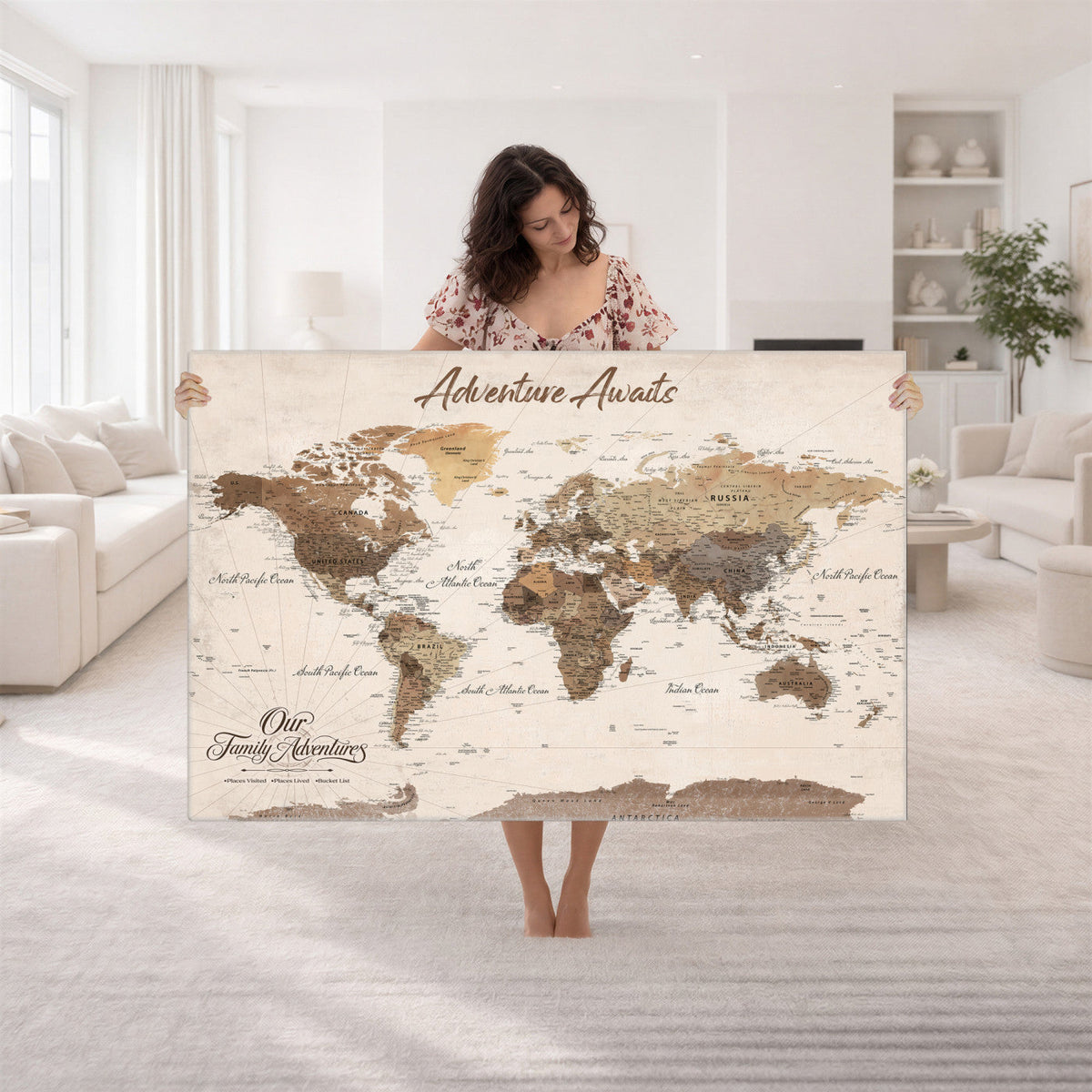 84865191-MGV-CV-36X24 - Our Family Adventures Push Pin World Map Wall Art Canvas Print - Family Travel Tracker Map with Pins