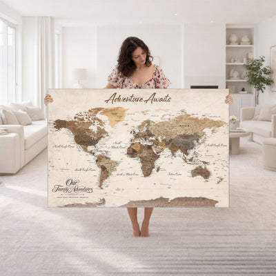 84865191-MGV-CV-36X24 - Our Family Adventures Push Pin World Map Wall Art Canvas Print - Family Travel Tracker Map with Pins