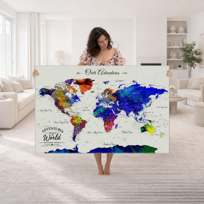 88162438-MGV-CV-36X24 - Our Family Adventures Push Pin World Map Wall Art Canvas Print | Family Travel Tracker Map with Pins