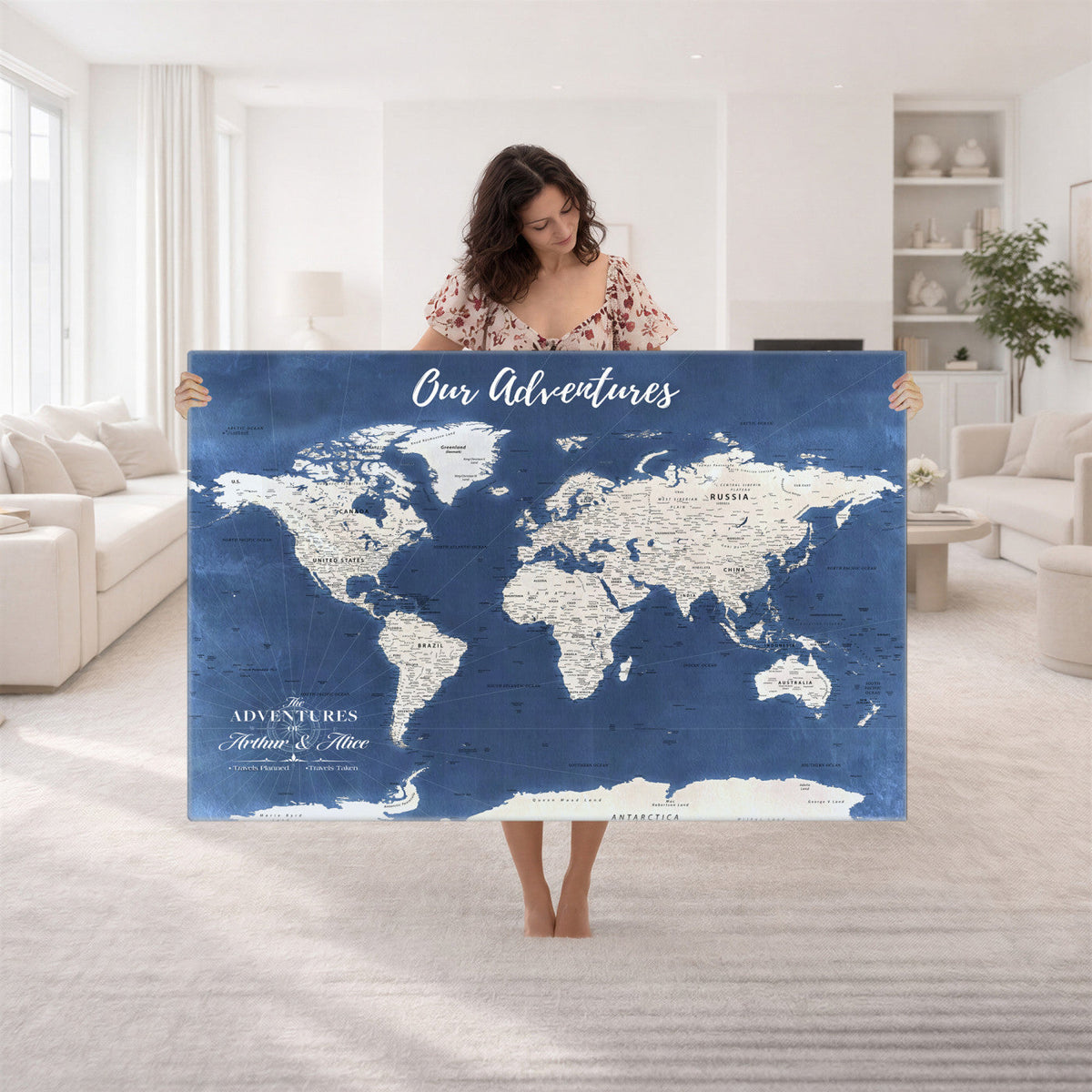 75405527-MGV-CV-36X24 - Extra Large Framed Personalize Push Pin World Map Wall Art Canvas Print for Travel Tracking - NEWMAP-113A