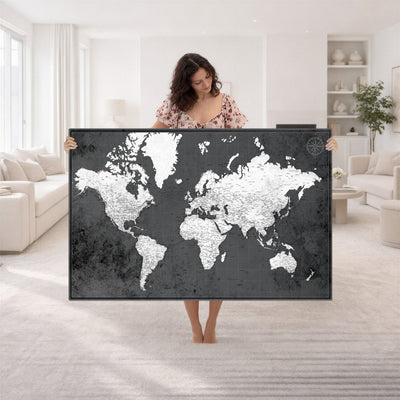 78574966-MGV-CV-36X24 - Extra Large Framed Personalize Push Pin World Map Wall Art Canvas Print for Travel Tracking - NEWMAP-128