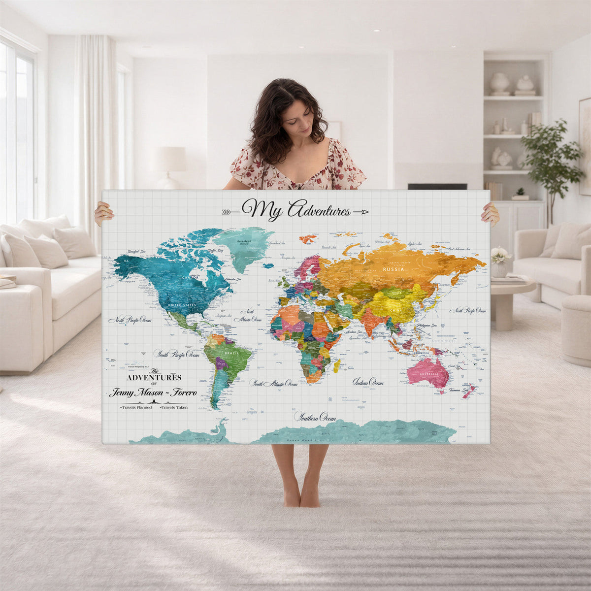 66743043-MGV-CV-36X24 - Extra Large Framed Personalize Push Pin World Map Wall Art Canvas Print for Travel Tracking - NEWMAP-131