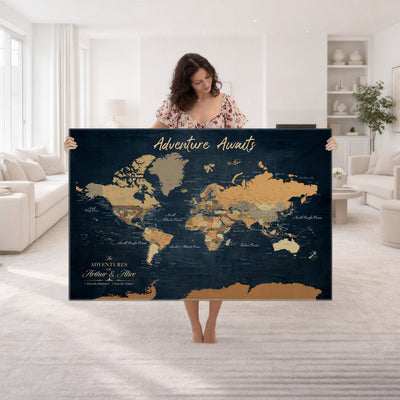13350960-MGV-CV-36X24 - Extra Large Framed Personalize Push Pin World Map Wall Art Canvas Print for Travel Tracking