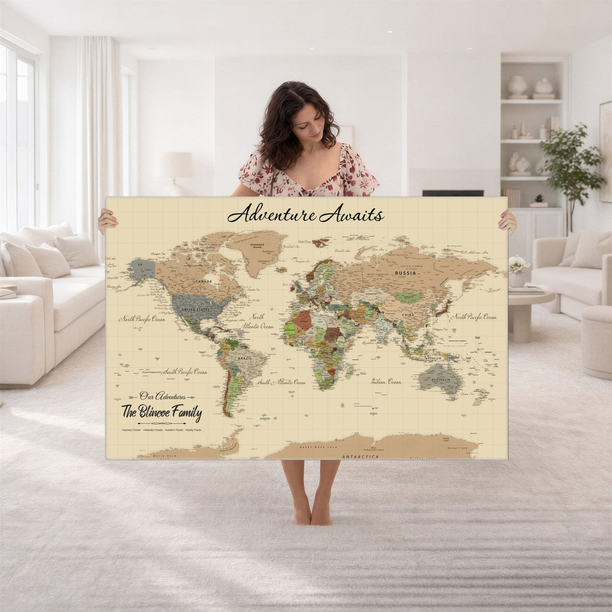 Detailed Personalized Beige Modern World Travel Map Wall Art with Pins, Next Trip Planner Map, Bedroom and Entryway Decor
