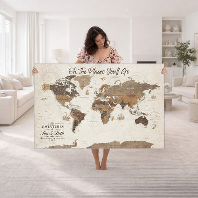 Personalized Beige Geometric Family Push Pin World Map Canvas Print, Honeymoon and Anniversary Gift, Living Room and Study Decor
