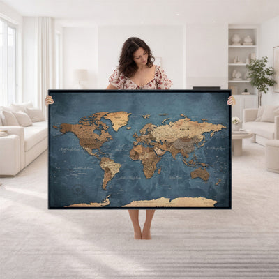 81949666D-MGV-CV-36X24 - Custom Push Pin World Map Wall Art Canvas Print – Personalized Travel Tracker with Pins Framed Large for Home and Office Decor