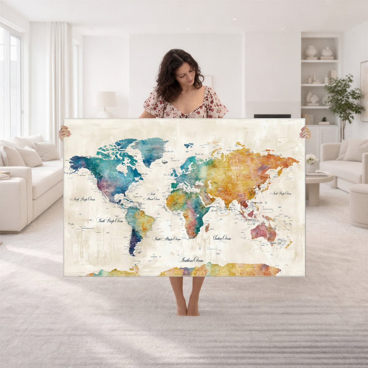 53654999D-MGV-CV-36X24 - Custom Push Pin World Map Wall Art Canvas Print – Personalized Travel Tracker with Pins Framed Large for Home and Office Decor